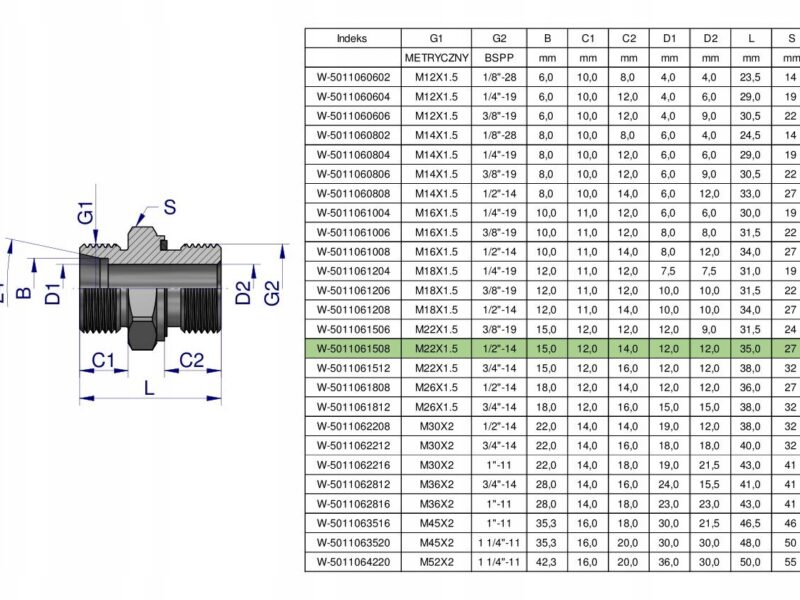 Przyłączka hydrauliczna BB (XGE) M22x1.5 15L x 1/2" BSP ED Waryński ( sprze