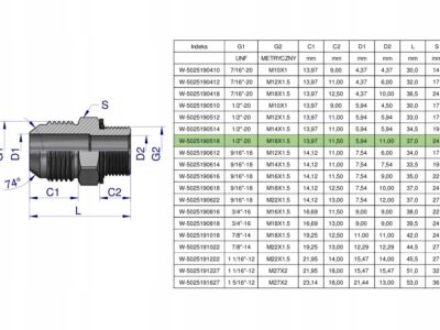 Przyłączka hydrauliczna BB 1/2"UNF (JIC) x M18x1.5 (XGE) Waryński ( sprzeda