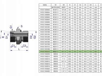 Przyłączka hydrauliczna BB (XGE) M26x1.5 18L x 3/4" BSP ED Waryński ( sprze