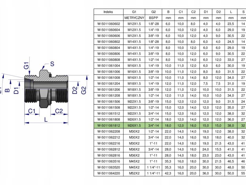 Przyłączka hydrauliczna BB (XGE) M26x1.5 18L x 3/4" BSP ED Waryński ( sprze