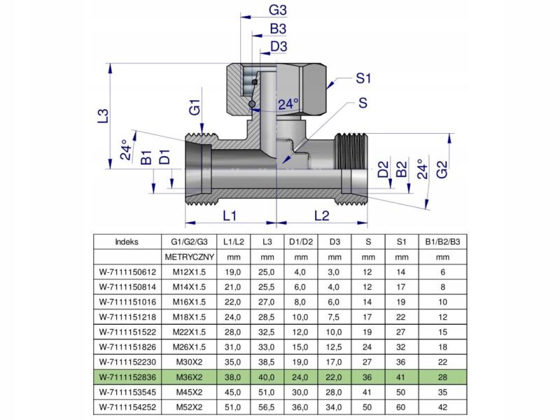 Trójnik hydrauliczny symetryczny metryczny BAB M36x2 28L (XEVT) Waryński