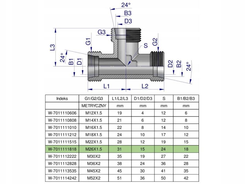 Trójnik hydrauliczny metryczny BBB M26x1.5 18L (XT) Waryński