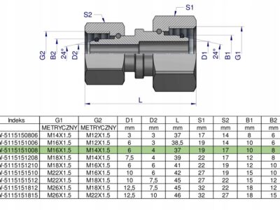 Złączka hydrauliczna metryczna AA M16x1.5 10L x M14x1.5 08L Waryński ( sprz