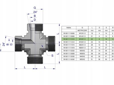 Czwórnik hydrauliczny metryczny BBBB M16x1.5 10L Waryński