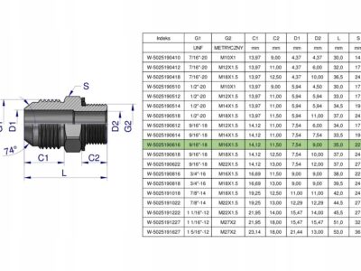 Przyłączka hydrauliczna BB 9/16"UNF (JIC) x M16x1.5 (XGE) Waryński ( sprzed