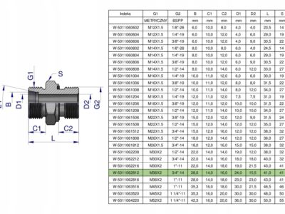 Przyłączka hydrauliczna BB (XGE) M36x2 28L2 28L x 3/4" BSP ED Waryński ( sp