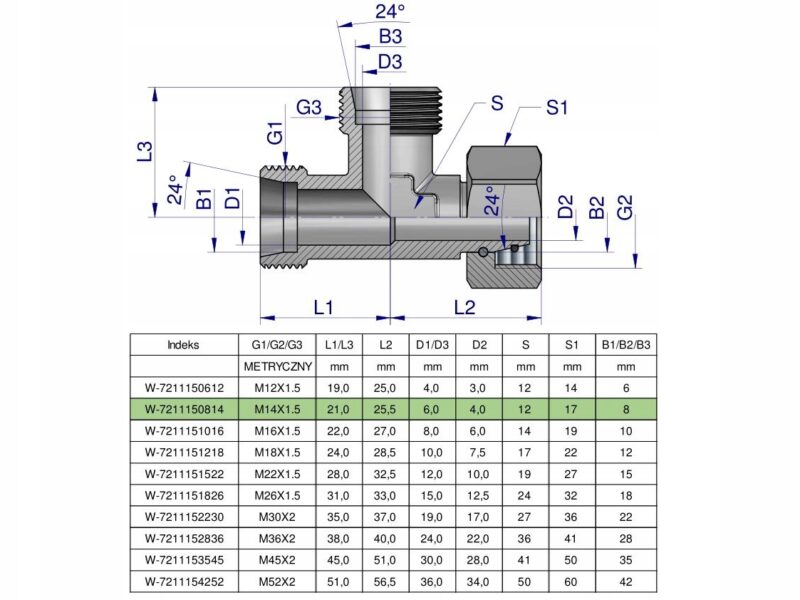 Trójnik hydrauliczny niesymetryczny metryczny BBA M14x1.5 08L (XEVL) Waryńs