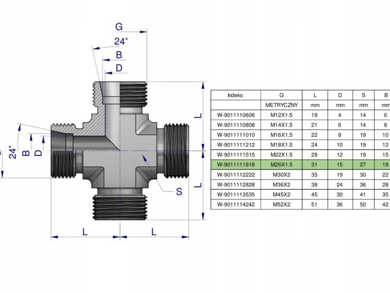 Czwórnik hydrauliczny metryczny BBBB M26x1.5 18L Waryński