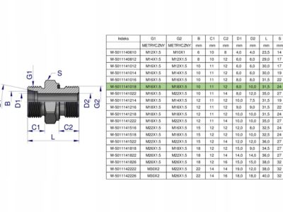 Przyłączka hydrauliczna metryczna BB (XGE) M16x1.5 10L x M18x1.5 ED Waryńsk