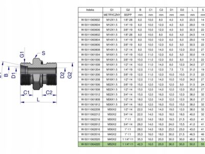 Przyłączka hydrauliczna BB (XGE) M52x2 42L x 1 1/4" BSP ED Waryński