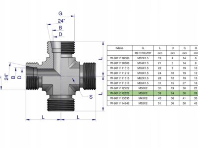 Czwórnik hydrauliczny metryczny BBBB M36x2 28L Waryński