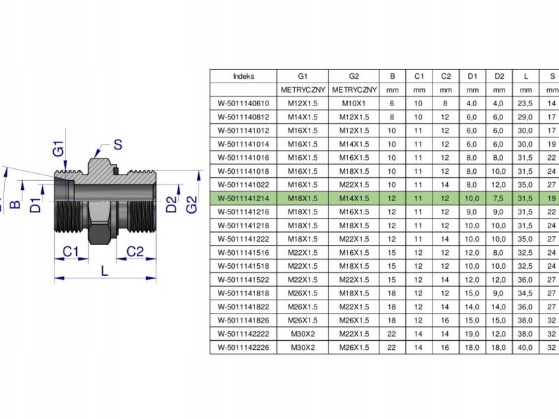 Przyłączka hydrauliczna metryczna BB (XGE) M18x1.5 12L x M14x1.5 ED Waryńsk