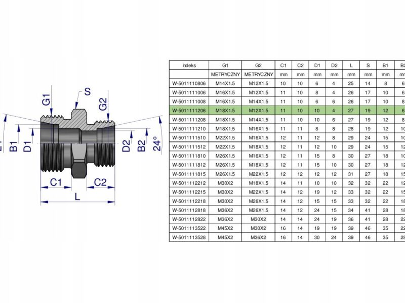 Złączka hydrauliczna redukcyjna metryczna BB M18x1.5 12L / M12x1.5 06L (XG)