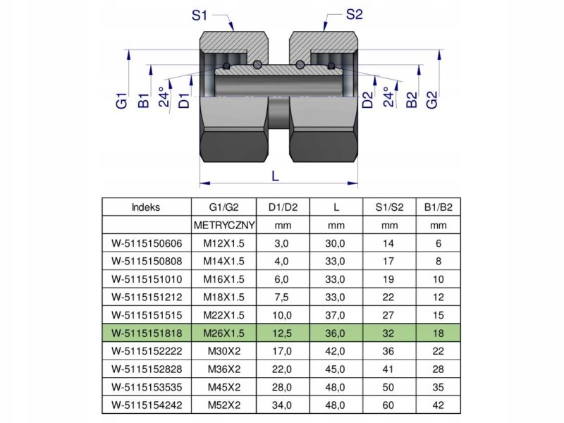 Złączka hydrauliczna metryczna AA M26x1.5 18L Waryński