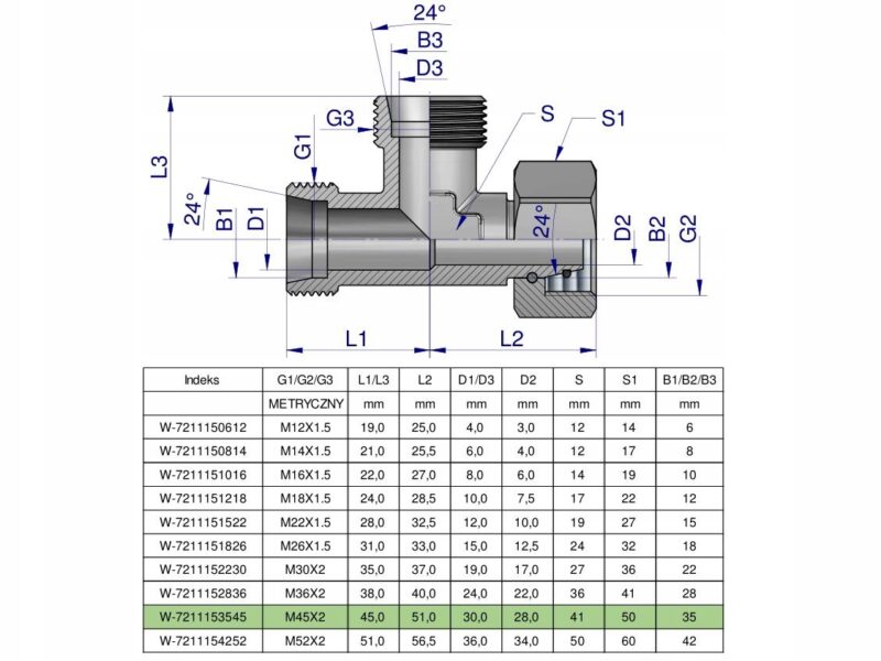 Trójnik hydrauliczny niesymetryczny metryczny BBA M45x3 35L (XEVL) Waryński