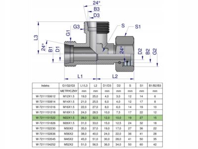 Trójnik hydrauliczny niesymetryczny metryczny BBA M22x1.5 15L (XEVL) Waryńs