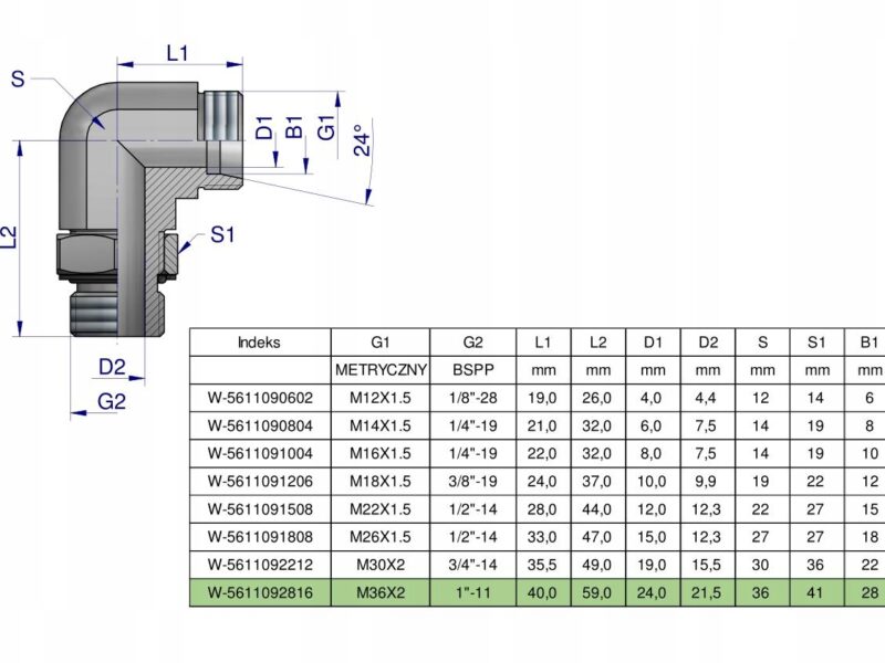 Kolanko hydrauliczne nastawne BB M36x2 28L x 1"BSP z regulacją Waryński