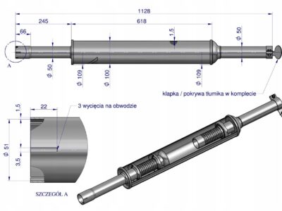 Tłumik 1128mm 3029104M1 4.8kg MF3 C-3603P (prosty) INOX WARYŃSKI