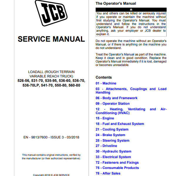 JCB 526 531 535 536 541 559 560 Service Manual Instrukcja naprawcza