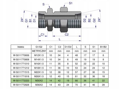 Złączka hydrauliczna metryczna grodziowa BB M30x2 22L z przeciwnakrętką (XS