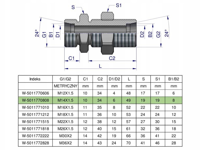 Złączka hydrauliczna metryczna grodziowa BB M14x1.5 08L z przeciwnakrętką (