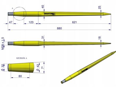 Ząb ładowacza CIĘŻKI uniwersalny prosty L- 880 mm Tur na tuleję W-5791200 W