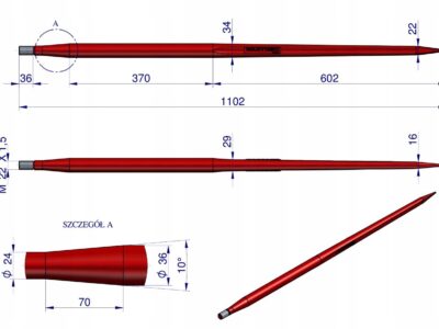 Ząb ładowacza uniwersalny czerwony prosty L- 1100 mm zastosowanie 5193-RT1