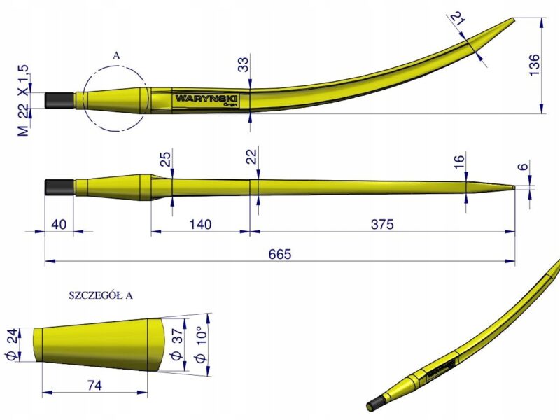 Ząb ładowacza wygięty zamykający L- 680 mm chwytak (krokodyl) zastosowanie